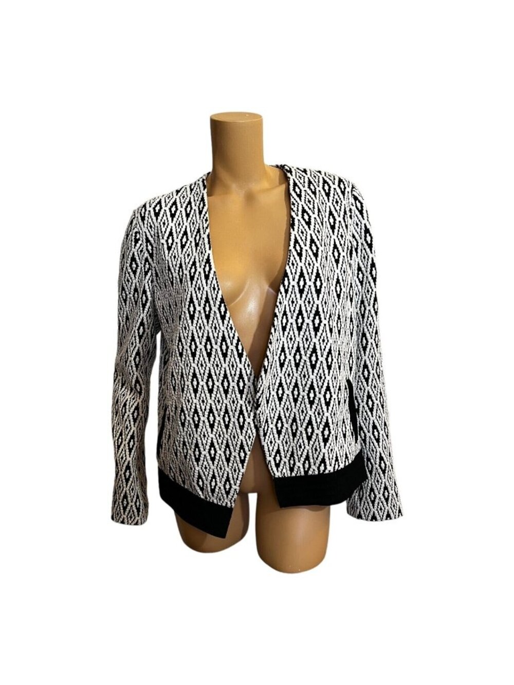 NY Collection Womens Sweater Jacket Lg Cardigan  Black White Open Front Geometri